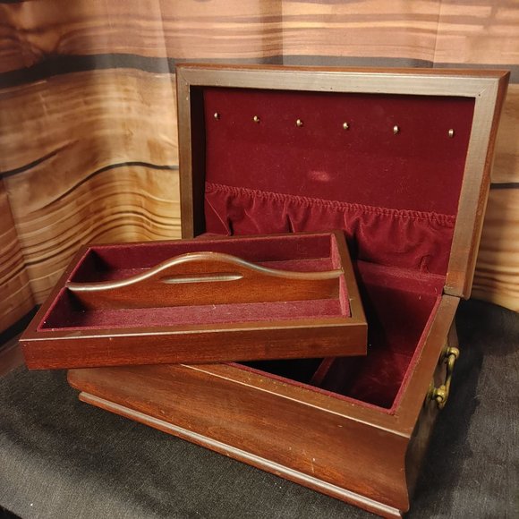 Vintage Wooden Red Velvet Lined 2 Piece Jewelry Box 11x6